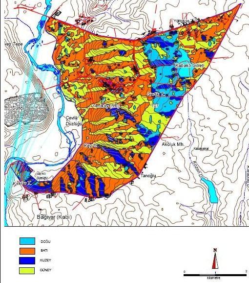 Yön gridinde 0 -sıfır- değeri kuzeyi (azimuth), 90 batıyı, 180 Güneyi, 270 doğuyu,360 yine kuzeyi göstermektedir.