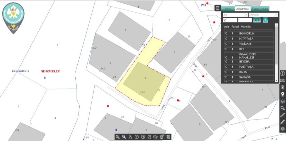 Sorgulama sonucu parsel sorgu aracının alt bölümüne listelenir. Sorgulanan ada ve parsele ait Öznitelik bilgileri listede görüntülenebilmektedir.