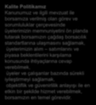 Politikamız Kanunumuz ve ilgili mevzuat ile borsamıza verilmiş olan görev ve sorumluluklar çerçevesinde üyelerimizin memnuniyetini ön planda tutarak borsamızın çağdaş