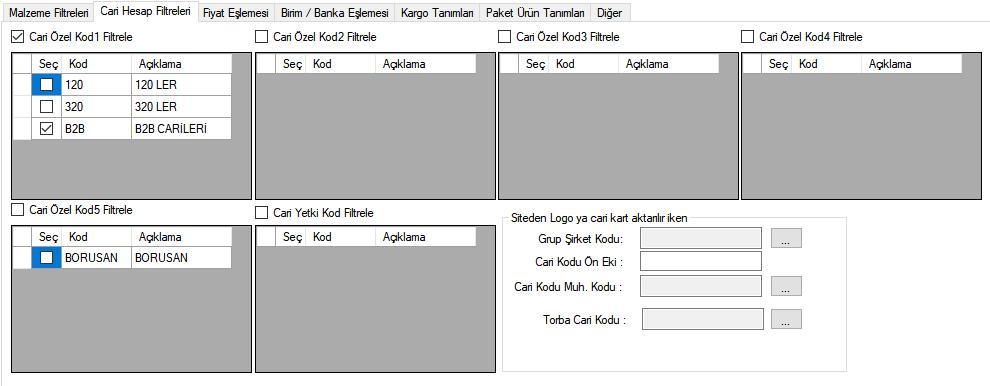 Kodu : Torba Cari Kodu : Siteye gönderimi veya güncellemesi yapılacak carilerin, seçilen parametreye göre programın işlem yapması sağlanabilir.