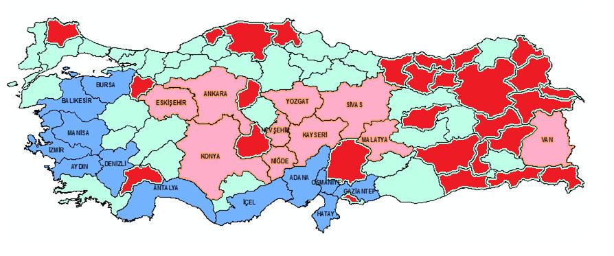 Arıtma Çamurunun Tarımda Uygulanabileceği İller Pembe İller: Buğday yetiştiren ve stabilize çamur üretimi olan iller (12 il) Mavi İller: Pamuk yetiştiren ve