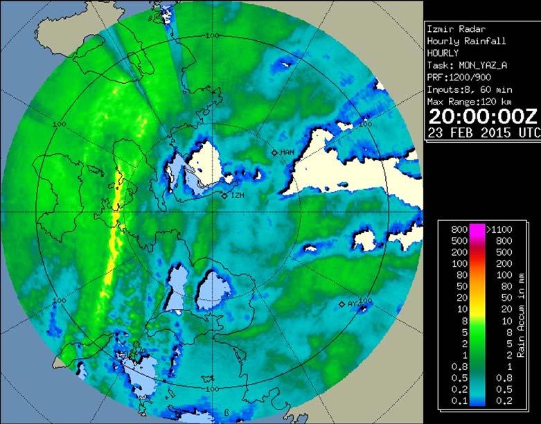 ürünleri incelenmiştir. Şekil 11 de IZMIR radar MAX 20:00 UTC de saatlik toplam yağış (Rain Accumulation in mm) 50 mm civarında gözükmektedir.