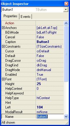 Caption : Butonun başlığını, Cursor : Mouseun buton üzerindeki imlecini, Enabled : Butonun görevini yapması/yapmamasını, Font : Butonun yazı tipinin değiştirilmesini, Height : Butonun yüksekliğini,