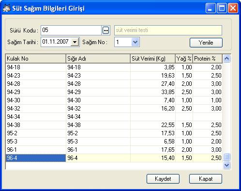 3.1.4 Süt Sağım Bilgileri Ekranı Şekil 3.6 da süt sağım bilgileri ekranı görülmektedir. Bu ekrana veri girişleri klavye yardımıyla yapılmaktadır.