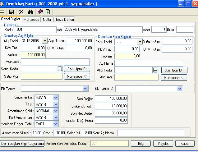 üzerindeki bilgilere göre amortisman ve değerleme işlemleri yapılır. O yüzden kayıtların doğru girilmesi son derece önemlidir. Şekil 3.36 Demirbaş Kartı 3.4.