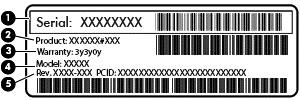 Bileşen (1) Seri numarası (2) Ürün numarası (3) Garanti süresi (4) Model numarası (yalnızca belirli modellerde) (5) Revizyon numarası Yasal düzenleme etiketi veya etiketleri Bilgisayarla ilgili yasal