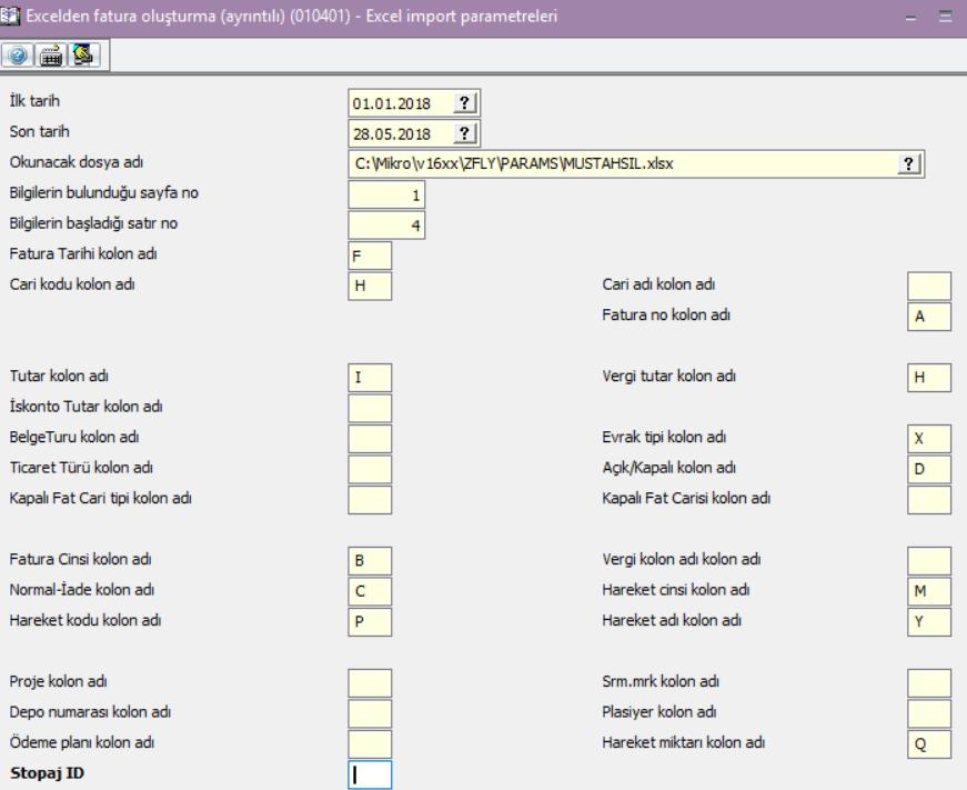 düzenlenmelidir. Aktarımı sağlanmak istenen excel Okunacak dosya adı alanından belirlenir.