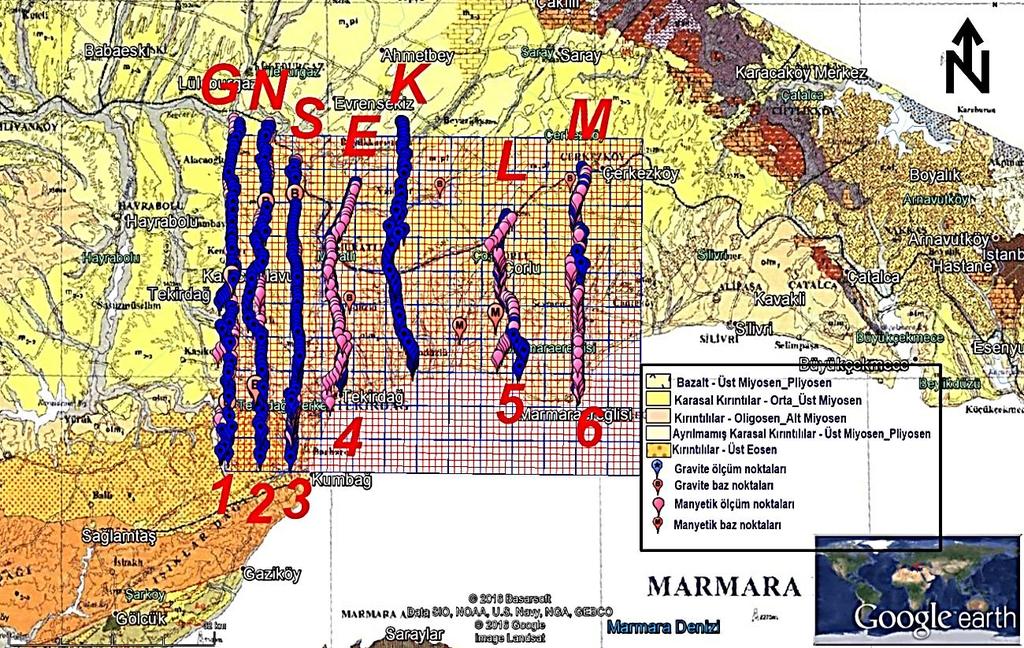 Gravite ve manyetik yöntem kullanılarak alınan ölçümlerde ortaya çıkan modelleme grafikleri sonucunda Tekirdağ bölgesindeki jeolojik formasyon sınırları belirlenmiştir.