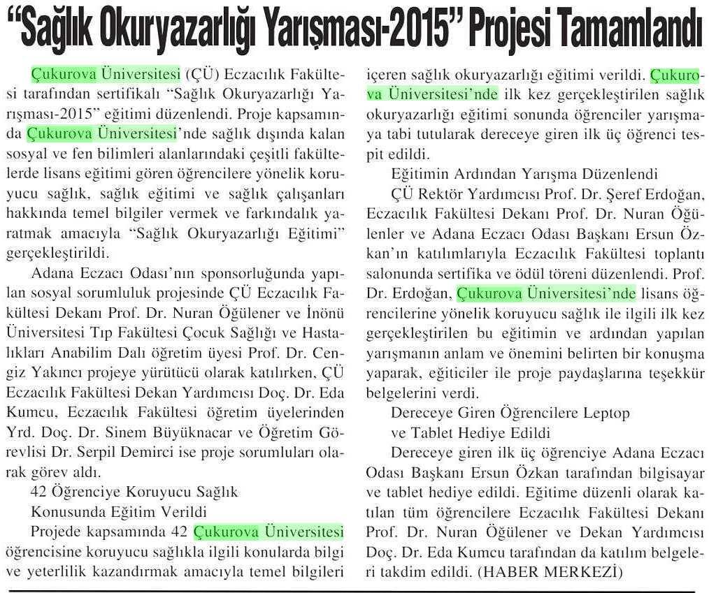 SAGLIK OKURYAZARLIGI YARISMASI-2015 PROJESI TAMAMLANDI Yayın