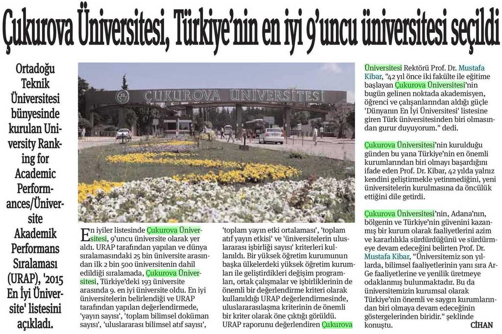 ÇUKUROVA ÜNIVERSITESI TÜRKIYENIN EN IYI 9 UNCU ÜNIVERSITESI SE.