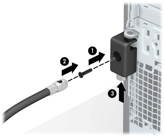 8. Kilidi verilen vidayı (1) kullanarak kasaya vidalayın. Güvenlik kablosunun priz ucunu kilide yerleştirin (2) ve kilidi takmak için düğmeye basın (3). Kilidi açmak için verilen anahtarı kullanın. 9.