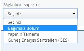 Aykırılık kapsamı bağımsız bölüm seçildi ise yandaki bilgiler yazılır ada numarası parsel