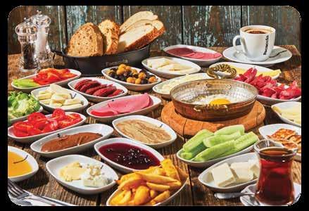 White Cheese, kashar cheese, aged-kashar, checil cheese, fried halloumi cheese, fried sausages, fried soujouk, salami, mixed olives, molasses with tahini, jam, honey, clotted cream, butter, french