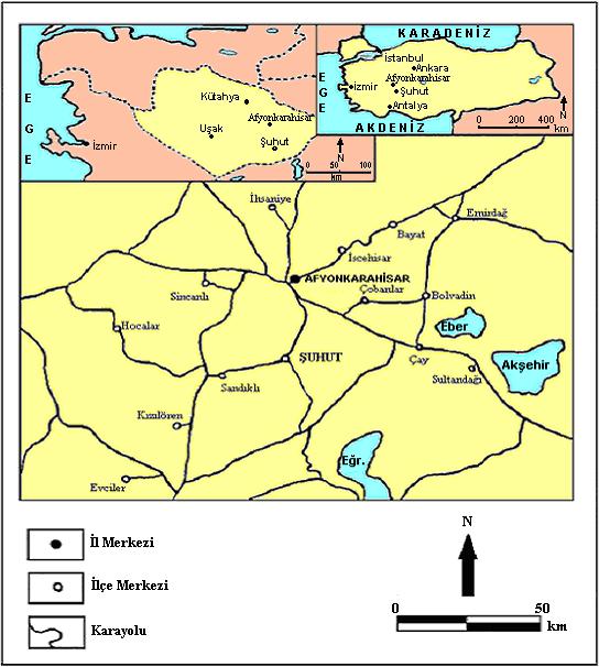 3 GĠRĠġ I) GENEL COĞRAFYA ÖZELLĠKLERĠ ġuhut, Ege Bölgesi nin Ġç Batı Anadolu Bölümü nde yer almaktadır (Harita 1). Ġdari açıdan Afyonkarahisar iline bağlıdır.