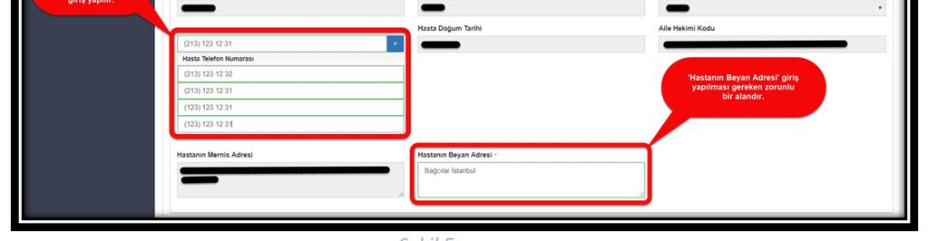Diğer bir zorunlu alan olan hastaya ulaşılabilecek telefon numarası alanına birden fazla numara girişi yapılır.