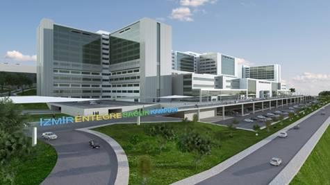 Şekil 7. İzmir Bayraklı Entegre Sağlık Kampusu, mimari görünüş 337,000 m 2 inşaat alanı ve 1680 yatak kapasitesi ile bu hastane, eşlenikleri içinde en büyük hastanelerden biri olacaktır.