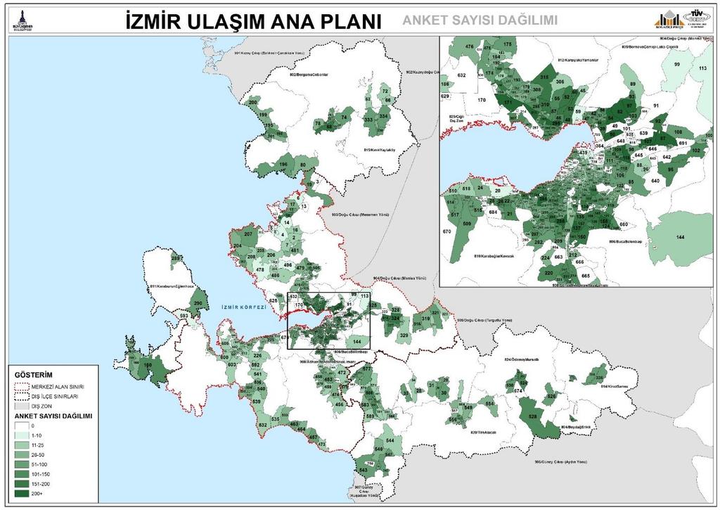 İZMİR ULAŞIM ANA PLANI İZMİR BÜYÜKŞEHİR BELEDİYESİ ALANI KENT İÇİ VE YAKIN ÇEVRE Şekil 2. Örneklem Sayılarının Dağılımı Bunun yanında dış istasyon anketleri (2.