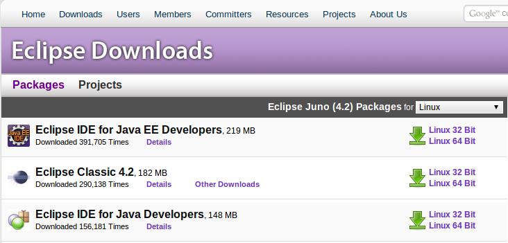 Aşağıdaki ekran görüntüsü Eclipse in Linux sistemler için olanıdır. Paketin yanındaki linki seçerek indirme işlemine başlayabilirsiniz.örneğin; Linux 64 