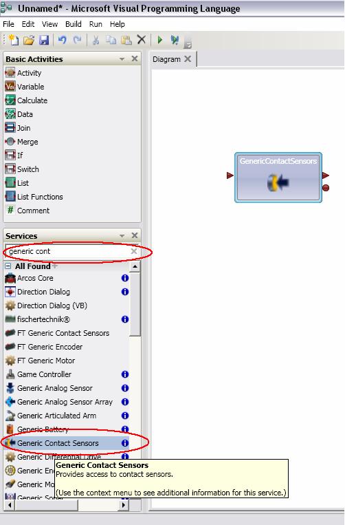 93 Şekil 6.10 Services araç kutusundan bir servis eklemek Generic contact sensors servisi ve Boe-Bot arasında bir bağ oluşturmak için sensör servisini yapılandırmak gerekir.
