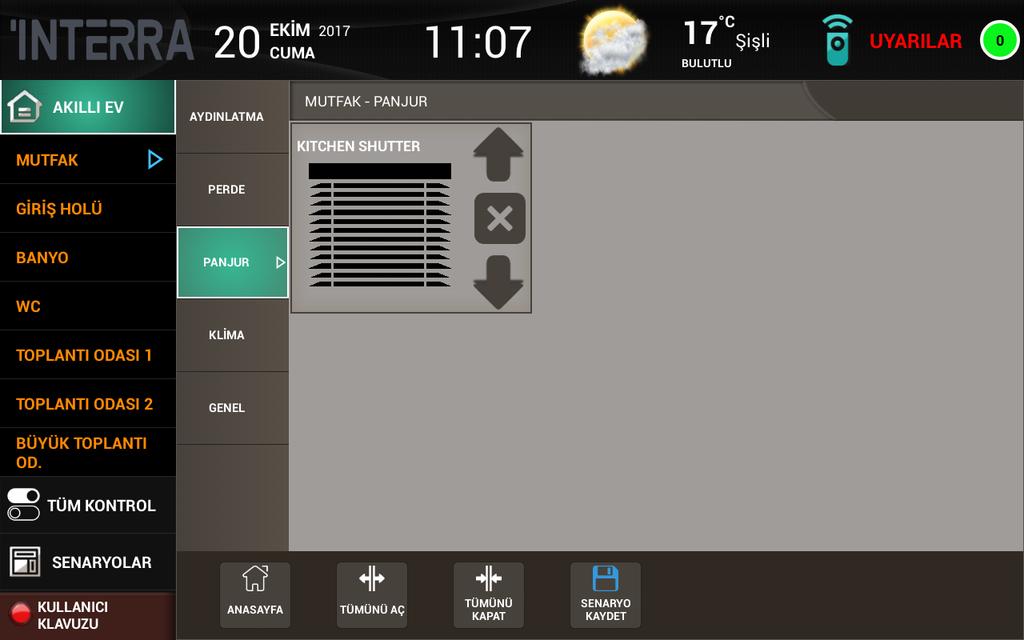 Alt bardaki butonlar; Ana sayfa: Ana ekrana dönmenizi sağlar. Tümünü Aç: Mahaldeki tüm perdeleri açar. Tümünü Kapat: Mahaldeki tüm perdeleri kapatır.