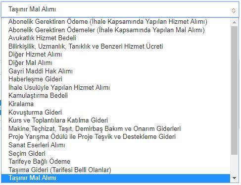 HARCAMA ALT TÜRÜ: HARCAMA TÜRÜ SEÇİLDİKTEN SONRA İLGİLİ ALT KALEM