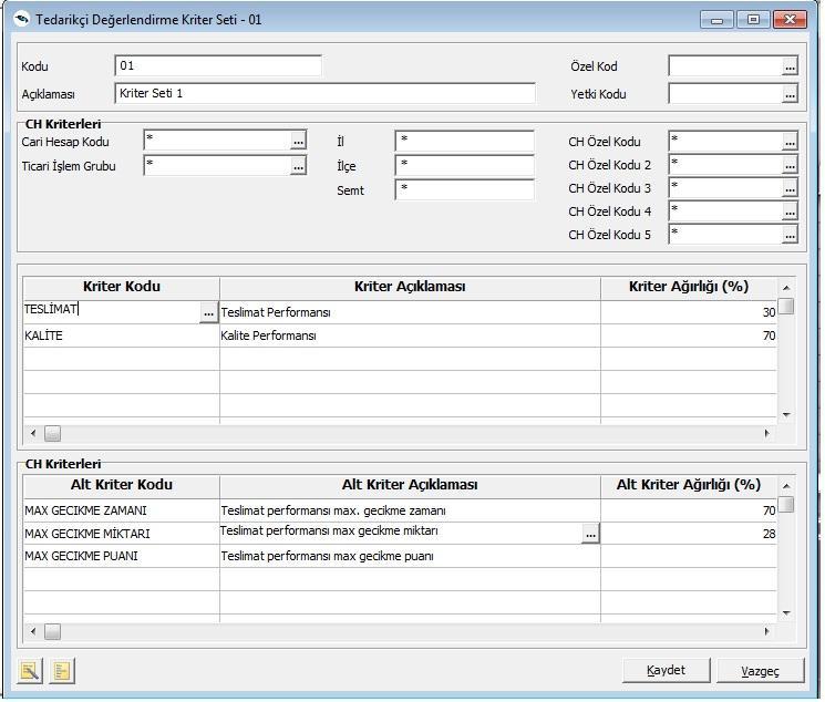 Tedarikçi Değerlendirme Kriter Seti Bilgileri Tedarikçi değerlendirmelerinde kullanılacak kriterleri belirlemek için kullanılan kriter setini tanımlamak için Ekle seçeneği kullanılır.