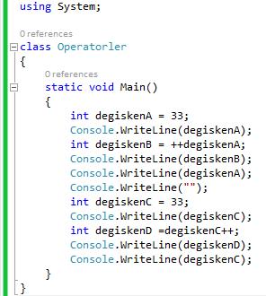 Örnek program_20 ye ait kodların çalıştırılmasıyla ortaya çıkan ekran görüntüsü Eksiltme Operatörü(--): Önüne veya sonuna geldiği