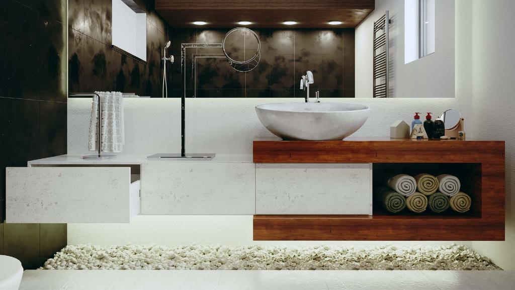 Banyo Bathroom LEGNO Legno, sade modern ve estetik bir banyo. Legno, açık renk mat lake ve doğal ahşap kaplama kullanılarak üretilir, ahşabın sıcaklığını banyonuza taşır.