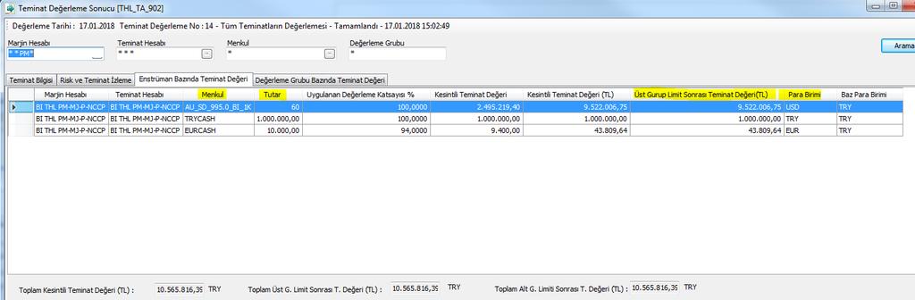Enstrüman bazında teminat değeri ekranı ile hesaba yatırılmış teminat tipleri ve bu teminatların değerlenmiş tutarları görülebilecektir.