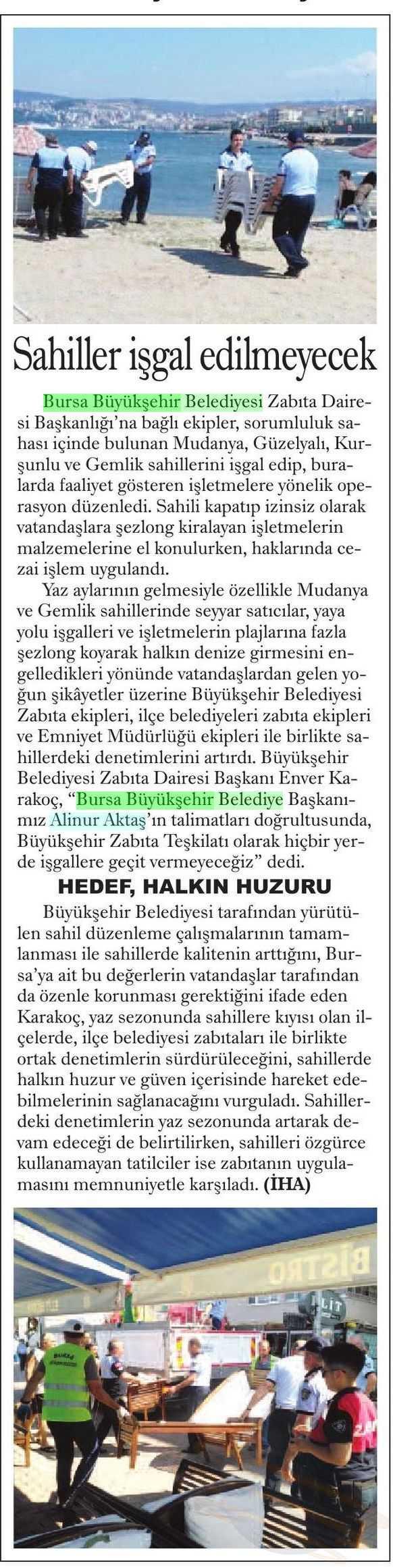SAHILLER ISGAL EDILMEYECEK Yayın Adı : Yeni Marmara Gazetesi