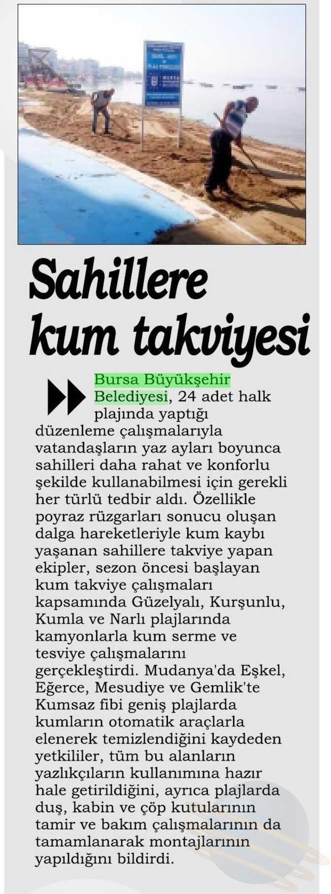 SAHILLERE KUM TAKVIYESI Yayın Adı : Mudanya Gazetesi