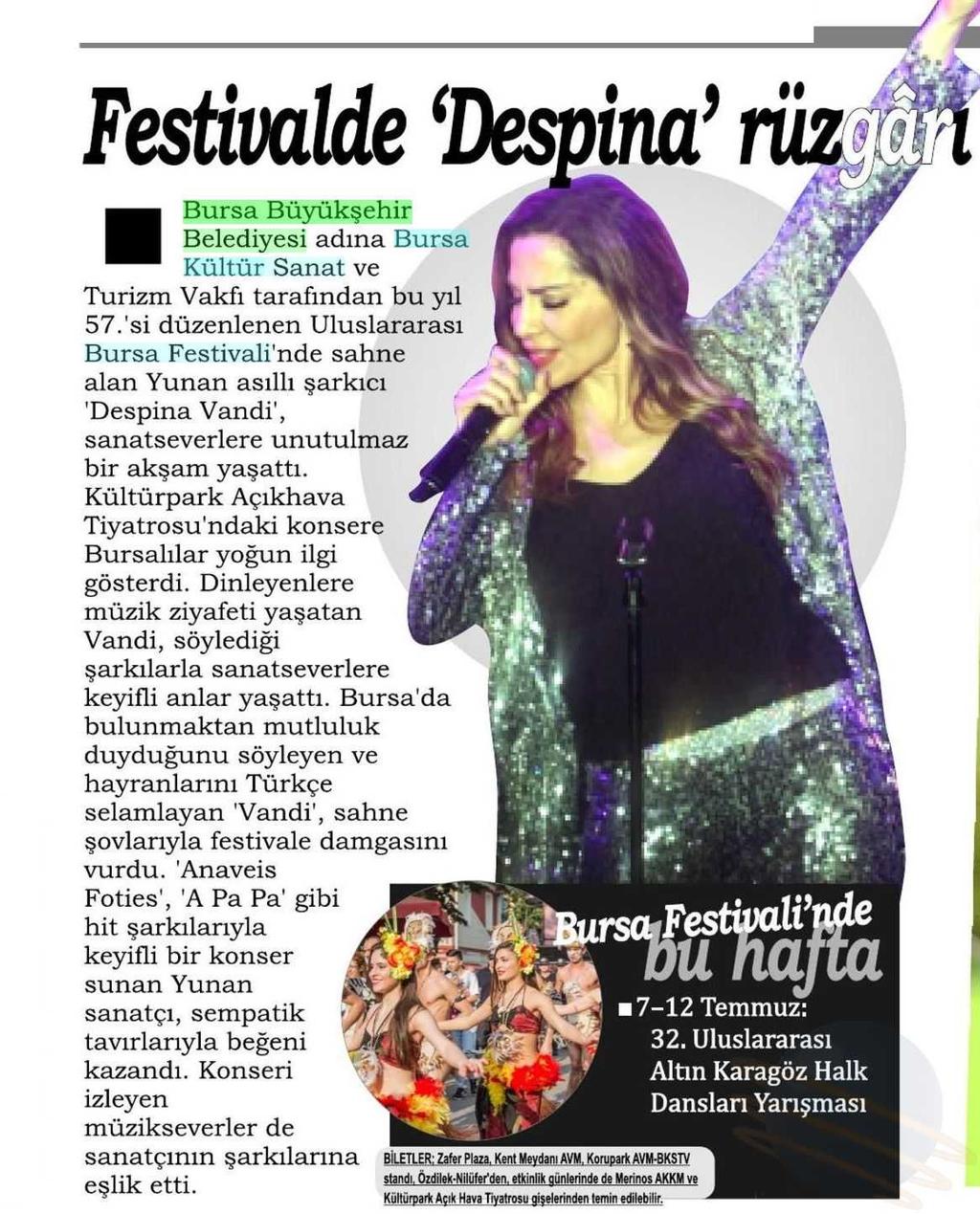 FESTIVALDE DESPINA RÜZGARI Yayın Adı : Mudanya Gazetesi