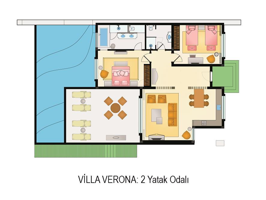 VILLA VERONA (2 YATAK ODALI) ÖZELLİKLER ODA SETUP ODA SERVİSLER 2 ADET 130 M 2 2 YATAK ODASI 2 WC 2 BANYO SALON AMERİKAN MUTFAK 42 LED TV (4 adet) TERAS 96 M 3 ÖZEL HAVUZ GAZETE ODADA ÇİÇEK ARAJMANI