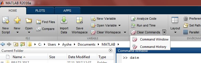 Current Folder ve Workspace clc : Command Window ekranını temizler. clear all: Workspace deki tüm değişkenleri siler.