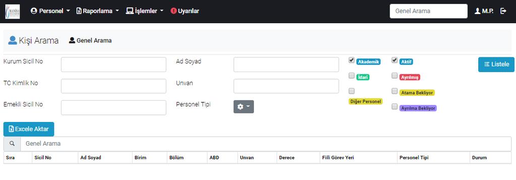 Ekran ilk açıldığı zaman personel tipi olarak Akademik seçili olarak gelmektedir. Arama yapmak istediğiniz kişi akademik personel değil ise öncelikli olarak bu kısmın değiştirilmesi gerekir.