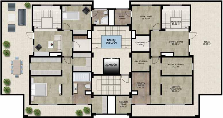 35 m² 3+1 DUBLEKS ALT KAT DAİRE PLANI SALON...47.00 m² YATAK ODASI...12.32 m² MUTFAK...22.85 m² BANYO...4.09 m² WC...4.80 m² ANTRE...16.10 m² KİLER...4.82 m² VESTİYER...4.70 m² BALKON 1...12.73 m² BALKON 2.