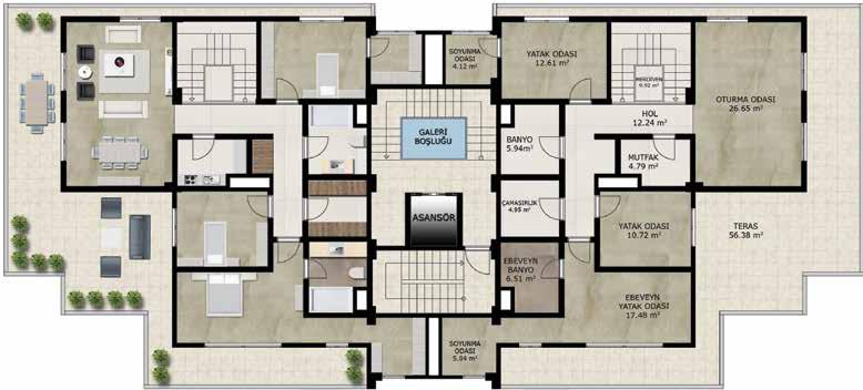 16 m² 4+1 DUBLEKS ALT KAT DAİRE PLANI SALON...53.58 m² EBV. YATAK ODASI...18.37 m² MUTFAK...34.05 m² WC...4.56 m² EBEVEYN BANYO...4.12 m² ANTRE...17.78 m² KİLER...4.63 m² BALKON 1...4.98 m² BALKON 2.