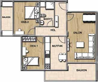 50 m 2 ARA KAT TİP 2 Salon: Mutfak: Oda 1: Oda 2: Hol: Banyo: Balkon: Balkon: 21.