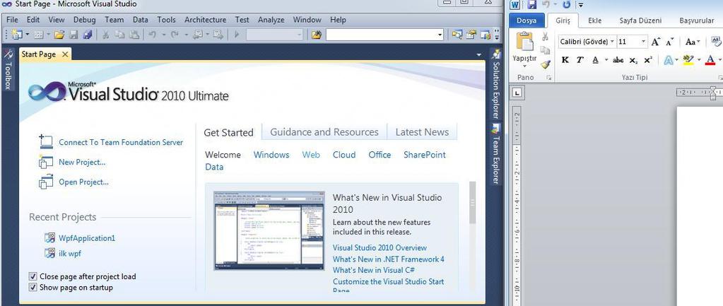 Şekil 1.3: WPF teknolojisi ile tasarlanmış visual studio 2010 WPF in kazandırdıkları aşağıdaki gibidir (Taşdelen, 2010).