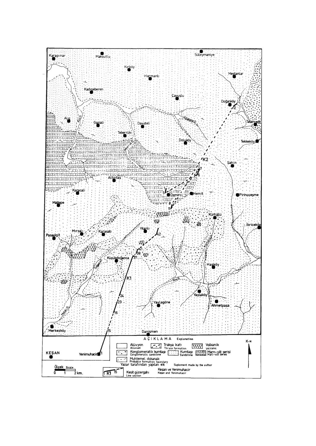 OLİGOSEN YAŞLI LİNYİT OLUŞUMLARI 135 Şekil 2. Keşan Malkara civarı uranyum aramaları jeoloji haritası. (M.