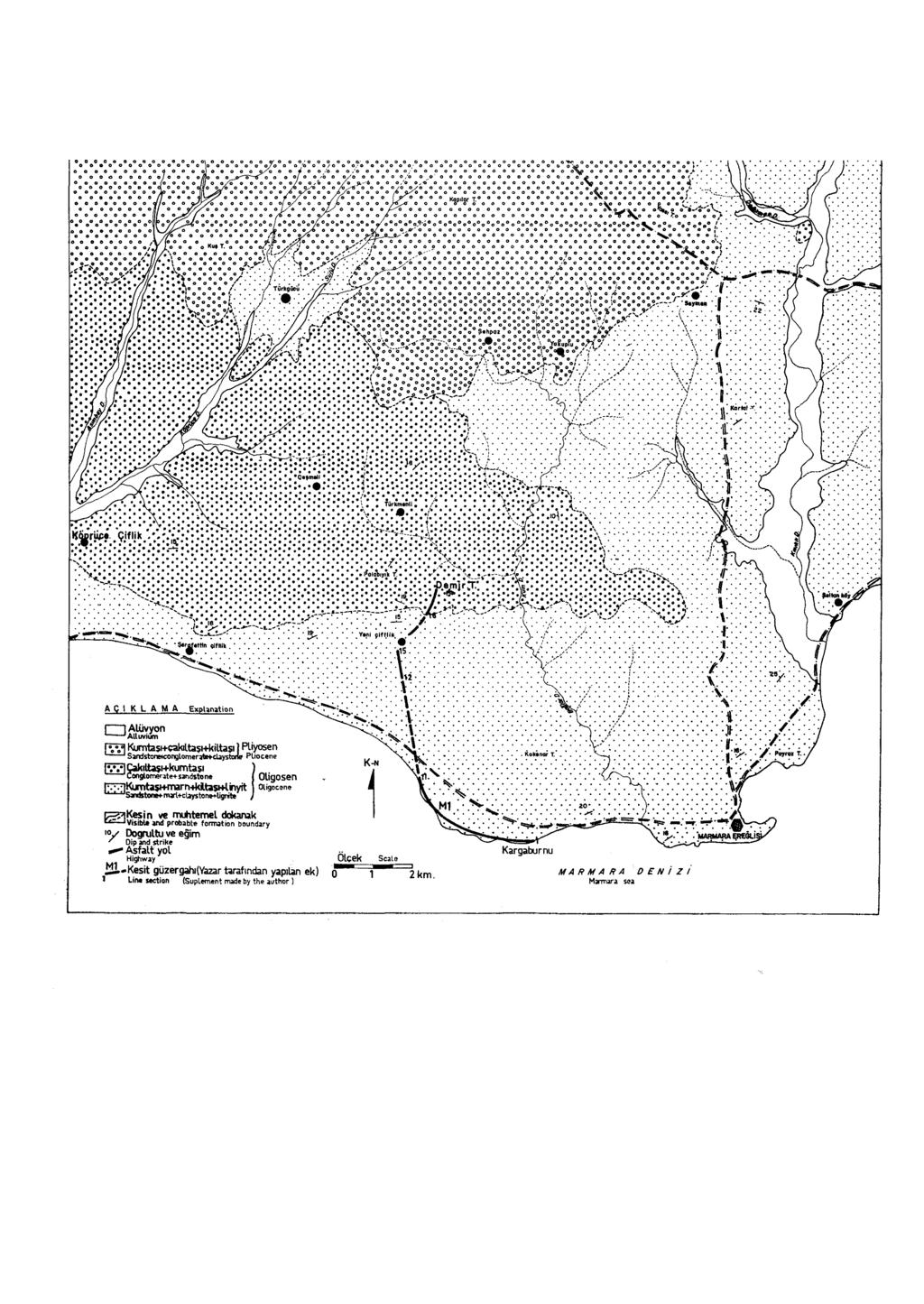 136 ŞENOL Şekil 3. Köprüce Çiftlik ile Sultanköy arasının genel jeoloji haritası. (H. Kara ve E. Tuncalı'dan alınmıştır.) Figure 3.