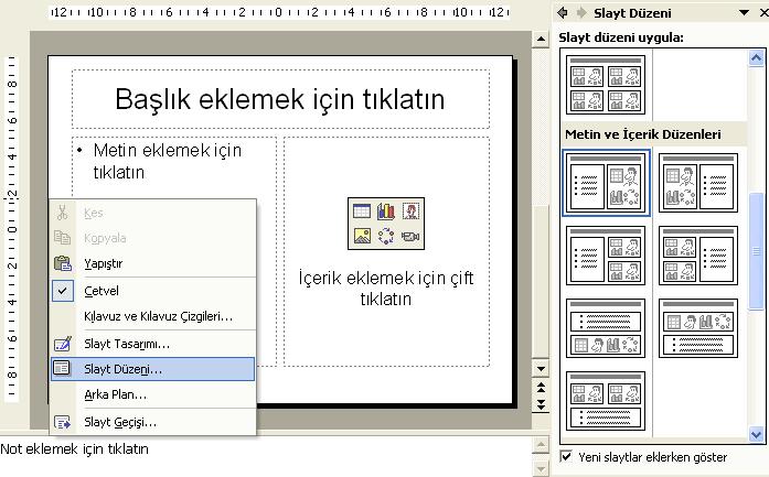 2.1.2. Otomatik slayt düzeni biçimini seçme Slayt Düzeni seçeneğini kullanarak slaytlarımızı farklı şekillerde yapılandırabiliriz. Bu kapsamda sunu uygulaması bize 4 farklı seçenek sunar.