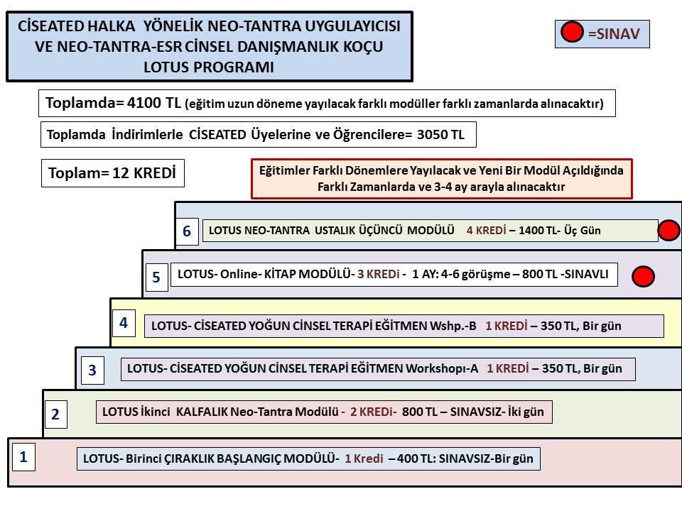 LOTUS PROGRAMI 4 5. Üçüncü LOTUS NEO-TANTRA USTALIK BİTİRİŞ MODÜLÜ: 4 KREDİ TOPLAM= 12 KREDİ 7- BEŞ farklı modülün ücretlendirmesi aşağıdaki gibidir.