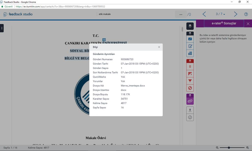 Tez Benzeşim Durumunun Raporlanması (Tez Orijinallik Raporu) E-rater alanı İngilizce kaynakların