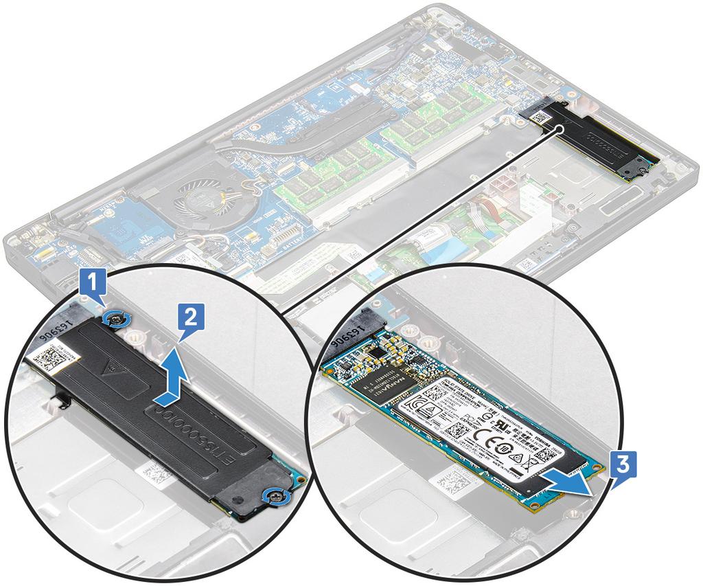 PCIe SSD'yi takma 1 PCIe SSD kartını konektöre takın. 2 SSD desteğini PCIe SSD kartı üzerinden takın.