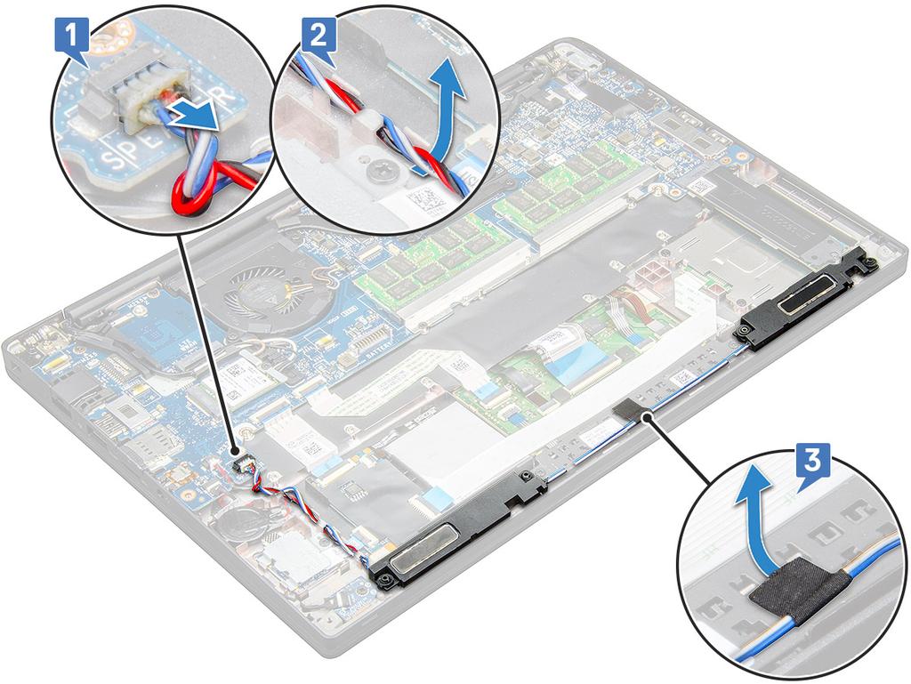 3 Hoparlör modülünü serbest bırakmak için: a Hoparlör kablosunu sistem kartındaki konnektörden çıkarın [1]. NOT: Kabloyu konektörden ayırmak için plastik bir çubuk kullanın.