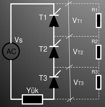 Aşağıdaki Şekil-2.21 de tristörlerin seri bağlanarak çalışma geriliminin arttırılması görülmektedir. Burada gerilim; VT= VT1 + VT2 + VT3 olur.