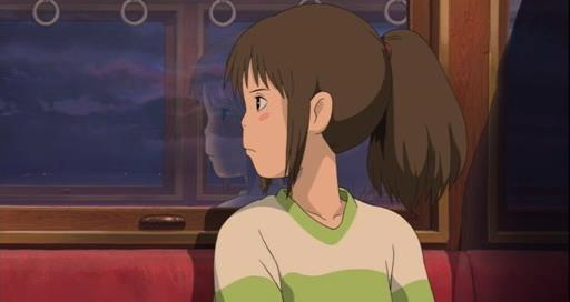 Resim 48: Filmin sonlarındaki Chihiro nun yüz şekli. 74 Filmin ilerleyen aşamalarında, Chihiro nun kucağında küçük ruh arkadaşlarının uyuduğu tren yolculuğu sahnesi vardır.