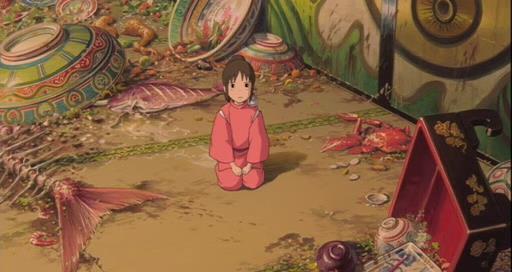 Resim 50: Chihiro nun oturuş pozu. 80 Hamama gelen Yüzsüz adındaki bir ruh ortalığı birbirine karıştırmıştır. Yubaba onu sakinleştirmeye çalışır, ancak o yanına Chihiro yu istemektedir.