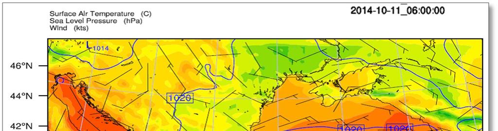 Şekil 6.16: 11 Ekim 06Z yüzey sıcaklığı-basınç-rüzgar haritası. 6.2.2 Uzun mesafeli kirletici taşınım modeli sonuçları-hysplit 10 ve 11 Ekim 2014 tarihlerinde 23.